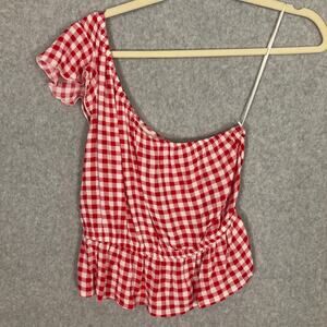 Pink Rose Top Womens Small Red Crop Gingham Check Ruffle‎ One Shoulder Preppy